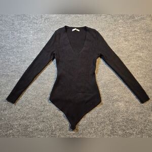 Abercrombie & Fitch Black Ribbed V-Neck Long Sleeve Bodysuit Size Large